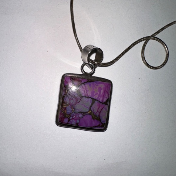 Purple Stone Pendant Necklace – Silver Chain – Unique Marbled Look - Picture 3 of 7